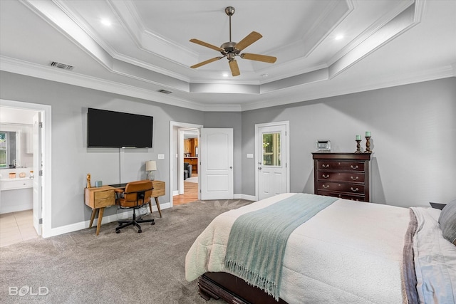 309 Slate Cir, Haughton, LA 71037 - carpeted bedroom with a raised ceiling, crown molding, baseboards, ensuite bath, and a ceiling fan