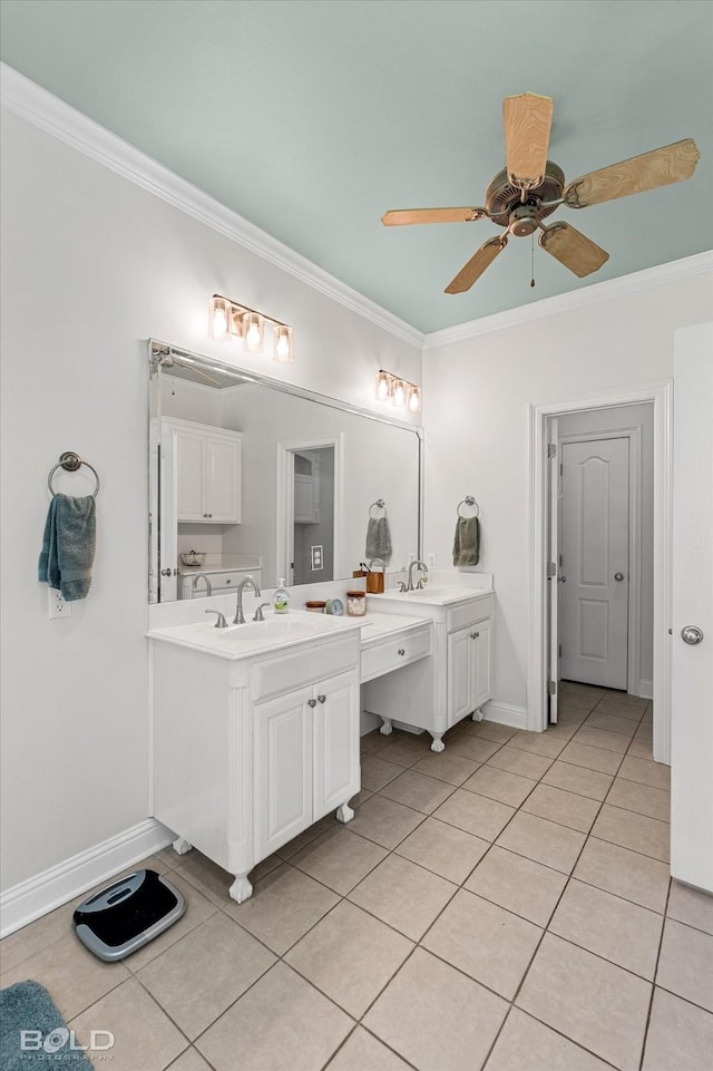 309 Slate Cir, Haughton, LA 71037 - bathroom featuring crown molding, tile patterned floors, vanity, baseboards, and ceiling fan