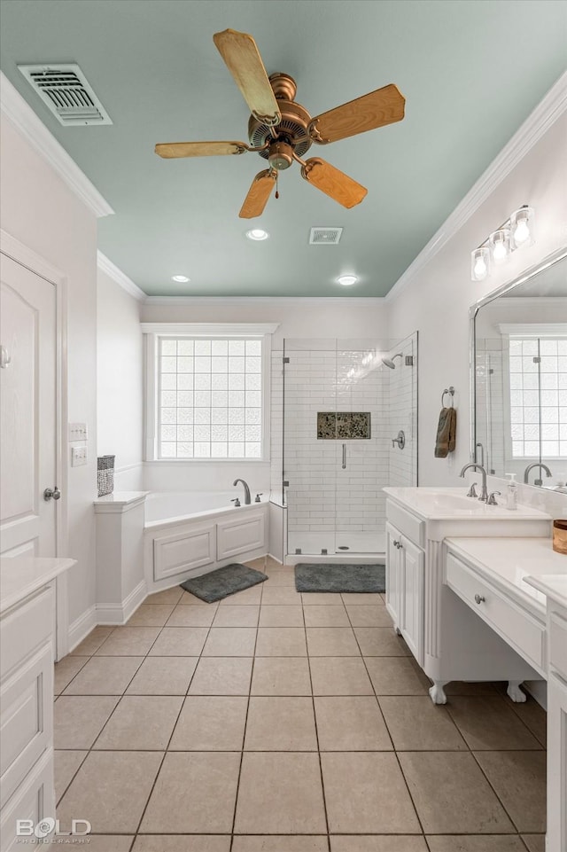 309 Slate Cir, Haughton, LA 71037 - bathroom with tile patterned floors, crown molding, healthy amount of natural light, a stall shower, and a bath