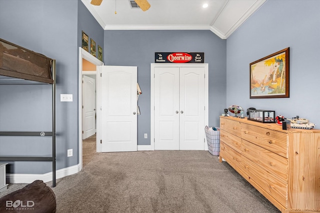 309 Slate Cir, Haughton, LA 71037 - bedroom with carpet flooring, ornamental molding, baseboards, lofted ceiling, and a closet