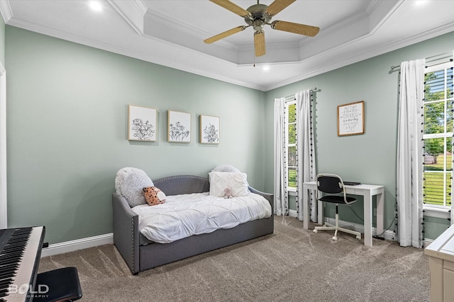 309 Slate Cir, Haughton, LA 71037 - carpeted bedroom featuring ornamental molding, baseboards, a desk, a raised ceiling, and a ceiling fan
