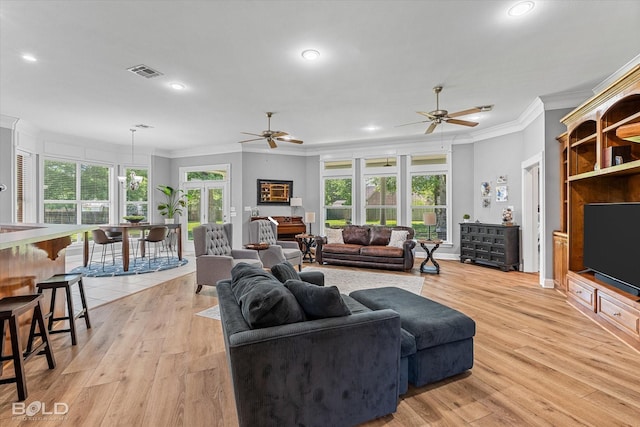 309 Slate Cir, Haughton, LA 71037 - living area with ceiling fan, crown molding, light wood finished floors, and recessed lighting