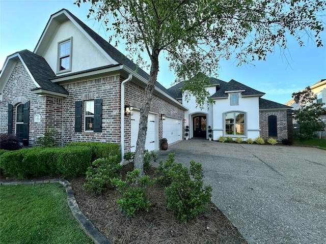 723 Dumaine Dr, Bossier City, LA 71111 - view of front facade with stucco siding, concrete driveway, brick siding, an attached garage, and a shingled roof