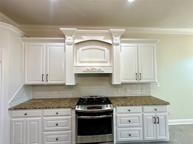 723 Dumaine Dr, Bossier City, LA 71111 - kitchen with stainless steel gas range, white cabinets, tasteful backsplash, dark stone countertops, and crown molding
