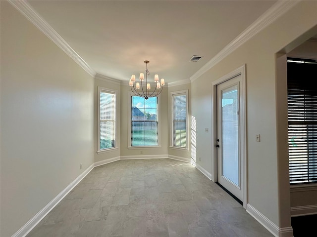 723 Dumaine Dr, Bossier City, LA 71111 - unfurnished dining area with a chandelier, ornamental molding, and baseboards