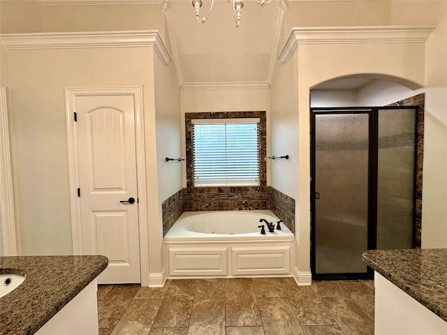 723 Dumaine Dr, Bossier City, LA 71111 - full bathroom featuring ornamental molding, vanity, a shower stall, and a bath