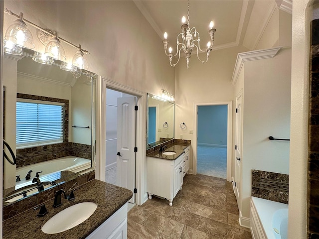 723 Dumaine Dr, Bossier City, LA 71111 - bathroom featuring ornamental molding, vanity, high vaulted ceiling, a garden tub, and a chandelier