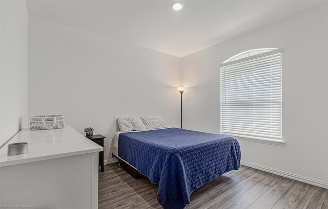 bedroom with wood finished floors, baseboards, and multiple windows