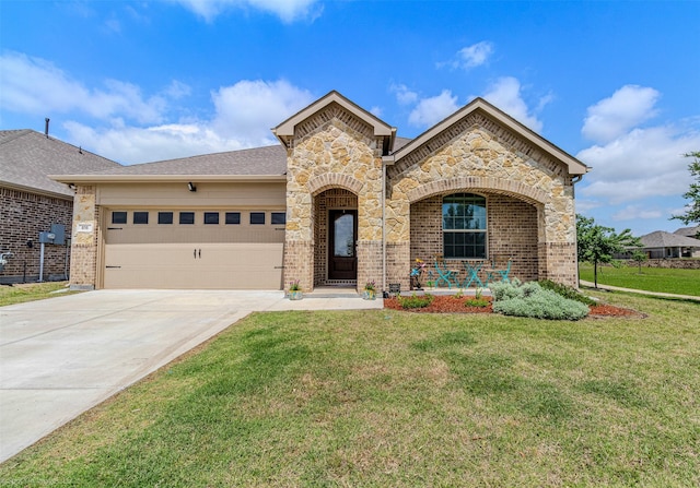 french country style house featuring a front yard, an attached garage, driveway, and brick siding