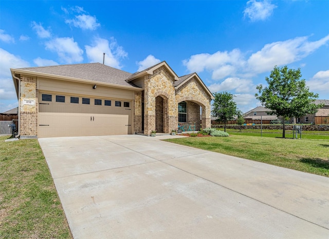 view of front of home featuring concrete driveway, a garage, brick siding, and stone siding