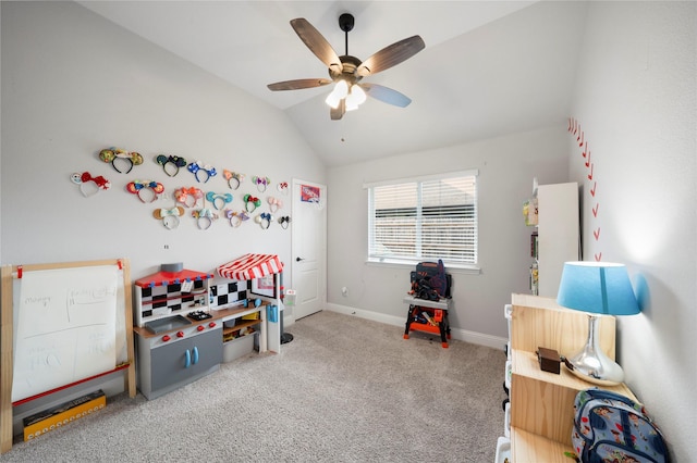 bedroom featuring lofted ceiling, carpet floors, baseboards, and a ceiling fan