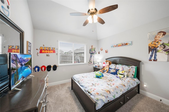 carpeted bedroom featuring baseboards, vaulted ceiling, and ceiling fan