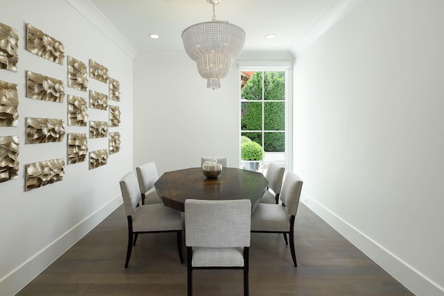 3205 Caruth Blvd, University Park, TX 75225 - dining room featuring a chandelier, baseboards, dark wood-type flooring, recessed lighting, and crown molding