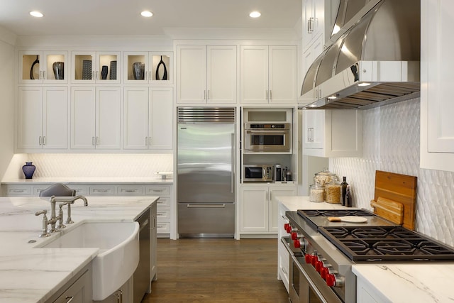 3205 Caruth Blvd, University Park, TX 75225 - kitchen with premium appliances, extractor fan, white cabinets, a sink, and recessed lighting
