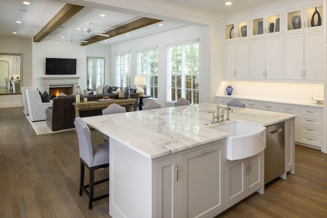 3205 Caruth Blvd, University Park, TX 75225 - kitchen featuring a sink, beam ceiling, dark wood-style floors, and recessed lighting