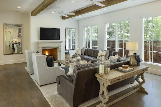 3205 Caruth Blvd, University Park, TX 75225 - living area featuring ceiling fan, beamed ceiling, recessed lighting, wood finished floors, and baseboards