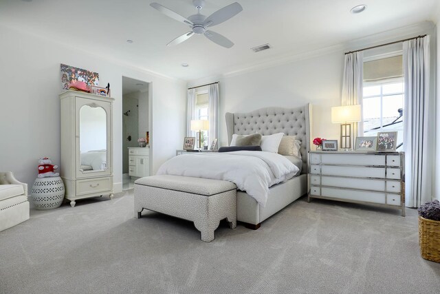 3205 Caruth Blvd, University Park, TX 75225 - bedroom featuring carpet floors, ornamental molding, connected bathroom, and ceiling fan