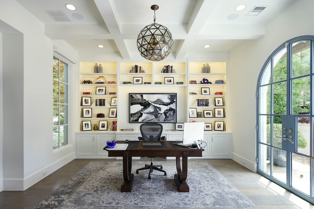 3205 Caruth Blvd, University Park, TX 75225 - office area with healthy amount of natural light, wood finished floors, beamed ceiling, coffered ceiling, and recessed lighting