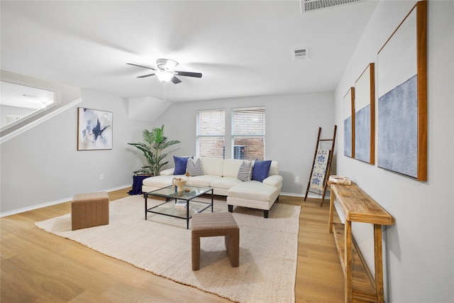 3513 San Lucas Ln, Denton, TX 76208 - living room with a ceiling fan, light wood-style flooring, and baseboards