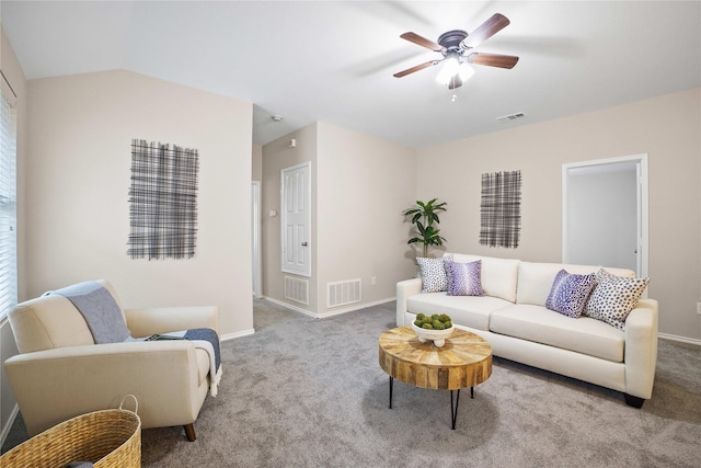 3513 San Lucas Ln, Denton, TX 76208 - carpeted living room with ceiling fan, baseboards, and lofted ceiling
