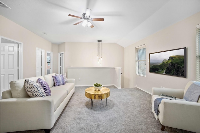 3513 San Lucas Ln, Denton, TX 76208 - living area featuring carpet floors, ceiling fan, baseboards, and vaulted ceiling