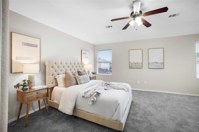 3513 San Lucas Ln, Denton, TX 76208 - bedroom featuring dark carpet, baseboards, and a ceiling fan