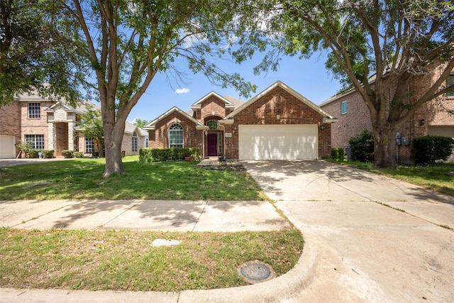 view of front of house featuring a garage, brick siding, concrete driveway, and a front lawn