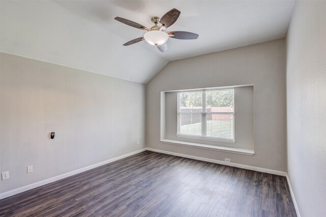 10310 Saint Georges Dr, Rowlett, TX 75089 - unfurnished room featuring lofted ceiling, dark wood-style floors, and ceiling fan