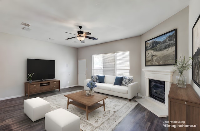 10310 Saint Georges Dr, Rowlett, TX 75089 - living room featuring wood finished floors, ceiling fan, and a glass covered fireplace
