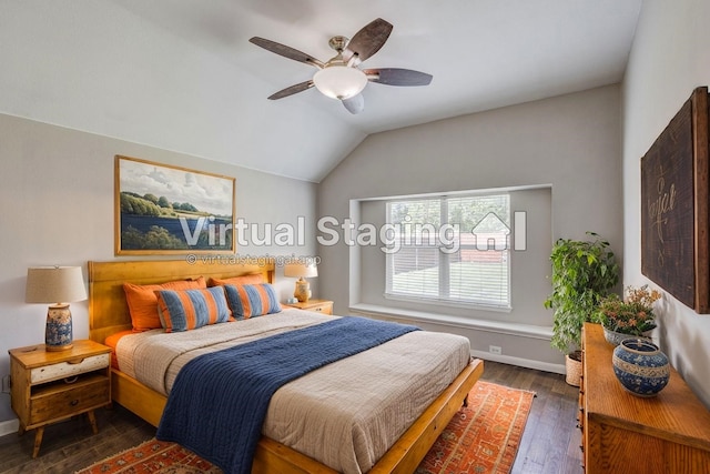 10310 Saint Georges Dr, Rowlett, TX 75089 - bedroom with dark wood-style flooring, vaulted ceiling, and a ceiling fan