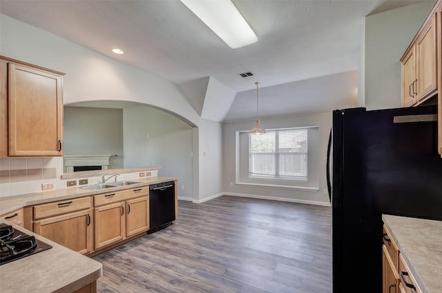 10310 Saint Georges Dr, Rowlett, TX 75089 - kitchen with black appliances, arched walkways, vaulted ceiling, wood finished floors, and light countertops