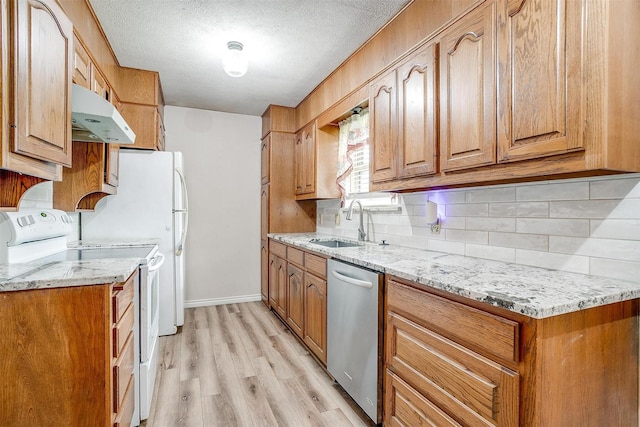 kitchen featuring white electric stove, dishwasher, decorative backsplash, a sink, and a textured ceiling