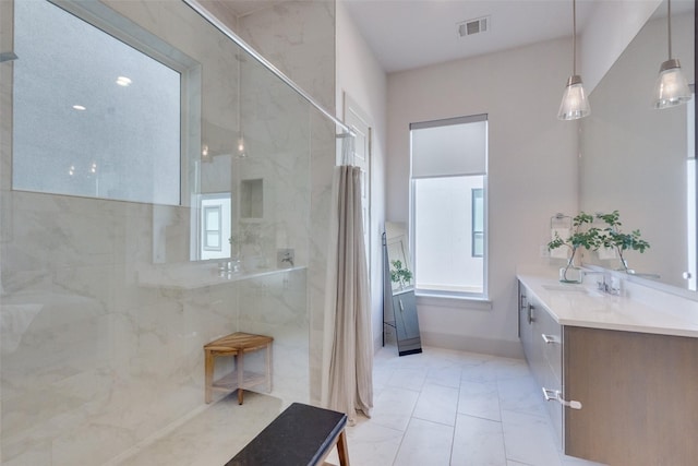 7704 Highcroft Way, Plano, TX 75024 - full bath featuring a shower with shower curtain, vanity, and marble finish flooring