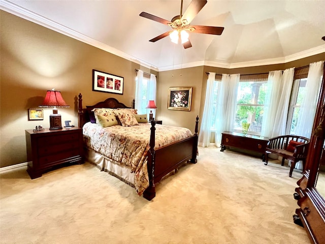 321 Fairway Meadows Dr, Garland, TX 75044 - bedroom with light colored carpet, multiple windows, crown molding, ceiling fan, and lofted ceiling