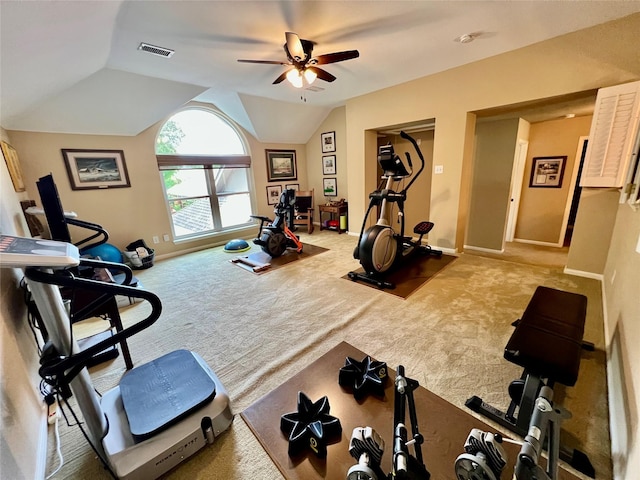 321 Fairway Meadows Dr, Garland, TX 75044 - workout room with carpet floors, ceiling fan, and vaulted ceiling