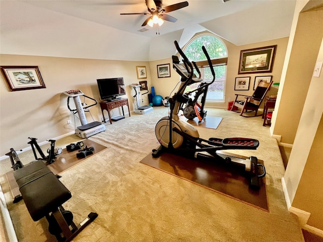 321 Fairway Meadows Dr, Garland, TX 75044 - workout area with carpet floors, ceiling fan, and vaulted ceiling