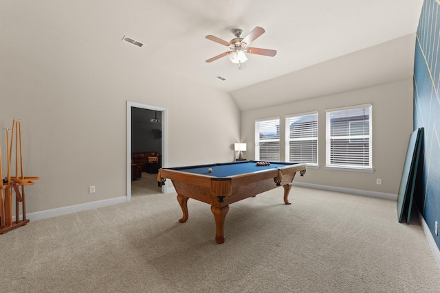 2444 Kingsgate Dr, Little Elm, TX 75068 - playroom with light carpet, billiards, lofted ceiling, ceiling fan, and baseboards