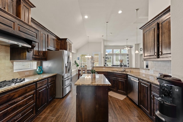 2444 Kingsgate Dr, Little Elm, TX 75068 - kitchen with stainless steel appliances, a sink, dark brown cabinetry, vaulted ceiling, and recessed lighting