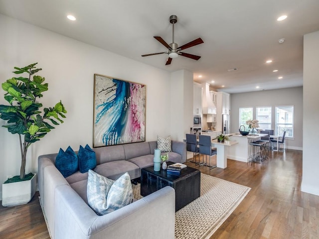 1129 Manderly Ct, Dallas, TX 75204 - living room featuring a ceiling fan, wood finished floors, recessed lighting, and baseboards