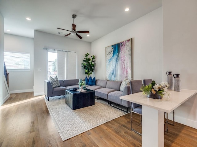 1129 Manderly Ct, Dallas, TX 75204 - living room with ceiling fan, wood finished floors, baseboards, and recessed lighting