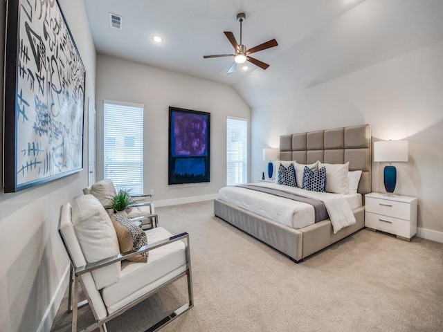 1129 Manderly Ct, Dallas, TX 75204 - carpeted bedroom with baseboards, lofted ceiling, and ceiling fan