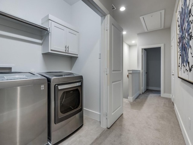 1129 Manderly Ct, Dallas, TX 75204 - washroom with separate washer and dryer, attic access, cabinet space, light colored carpet, and baseboards