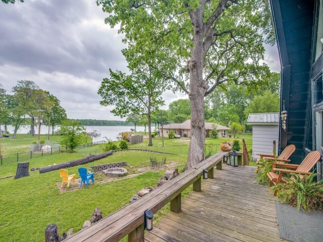 467 Old Mill Ln, East Tawakoni, TX 75472 - wooden deck with an outdoor fire pit and a water view
