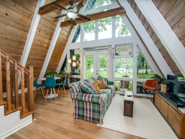 467 Old Mill Ln, East Tawakoni, TX 75472 - living room with french doors, a ceiling fan, stairs, light wood-style floors, and wooden ceiling