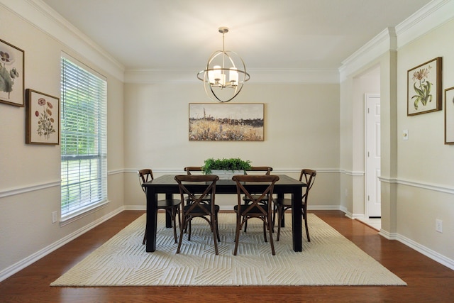 2805 Bitterroot Ct, Plano, TX 75025 - dining room featuring healthy amount of natural light, a chandelier, crown molding, and dark wood finished floors