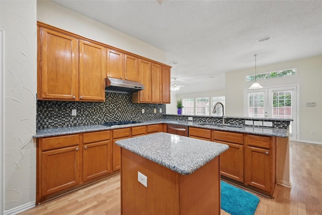 4416 Heath Ct, Plano, TX 75024 - kitchen with under cabinet range hood, gas cooktop, light wood-style flooring, a peninsula, and a sink