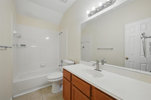 4416 Heath Ct, Plano, TX 75024 - bathroom featuring toilet, tile patterned flooring, vanity, bathtub / shower combination, and vaulted ceiling
