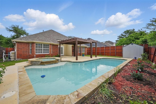 4416 Heath Ct, Plano, TX 75024 - view of swimming pool with a fenced backyard, a storage unit, an outdoor structure, a patio area, and a pergola