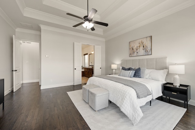 7020 Benjamin Way, Colleyville, TX 76034 - bedroom with a tray ceiling, ornamental molding, dark wood-style floors, baseboards, and a ceiling fan