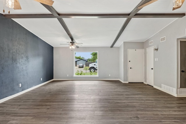 723 Westover Dr, Richardson, TX 75080 - unfurnished living room with a ceiling fan, wood finished floors, beamed ceiling, and baseboards